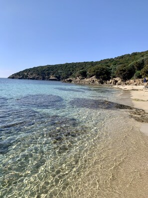 A beach with clear shallow waters, a sandy shore, and a forested hillside in the background.