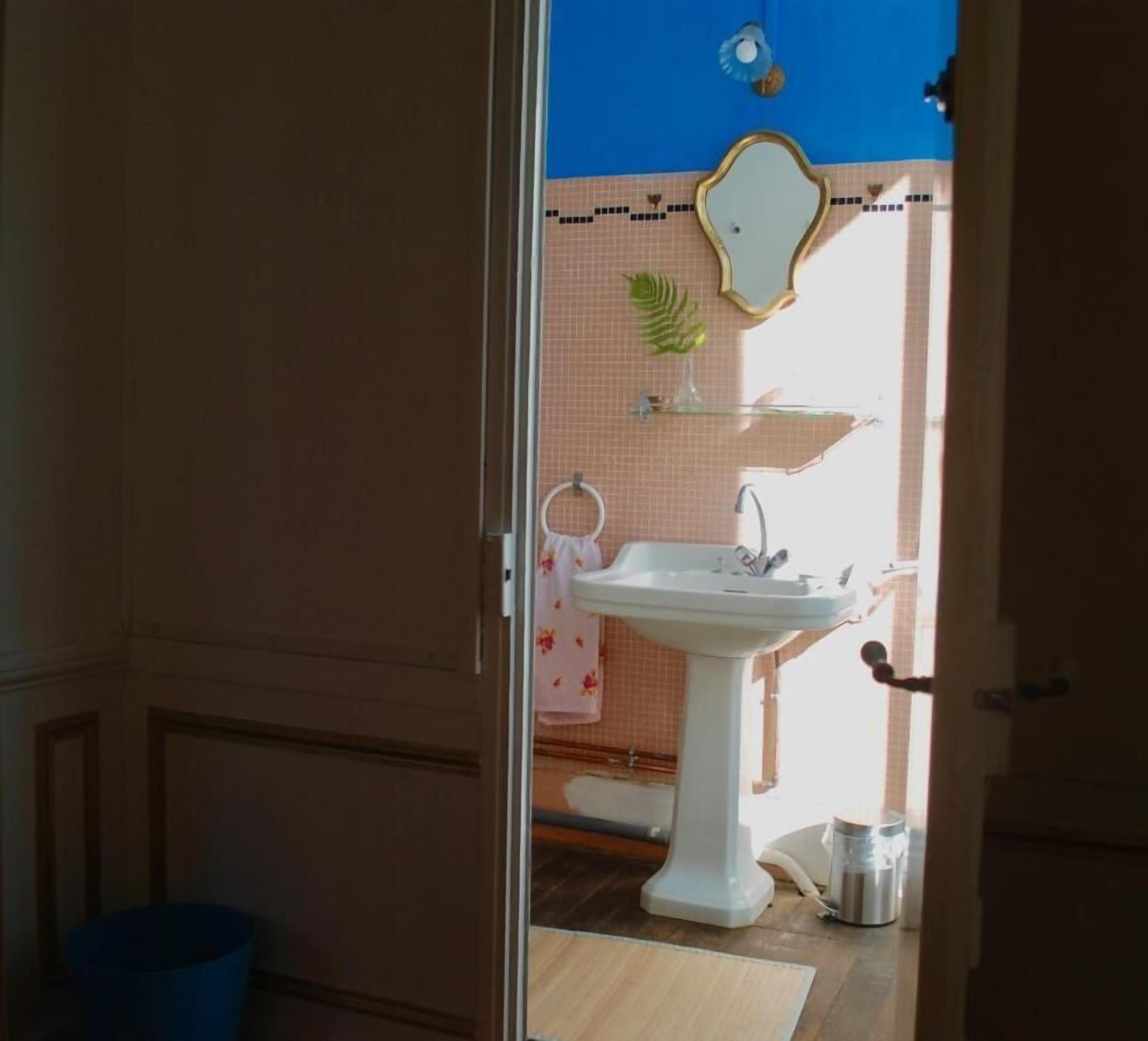 Une salle de bain avec un lavabo blanc, un miroir et un seau bleu.