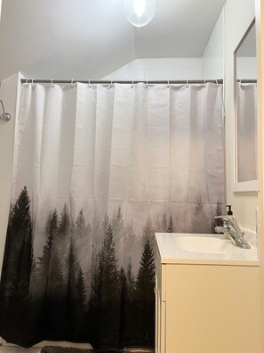 Bathtub, hair dryer, towels, soap