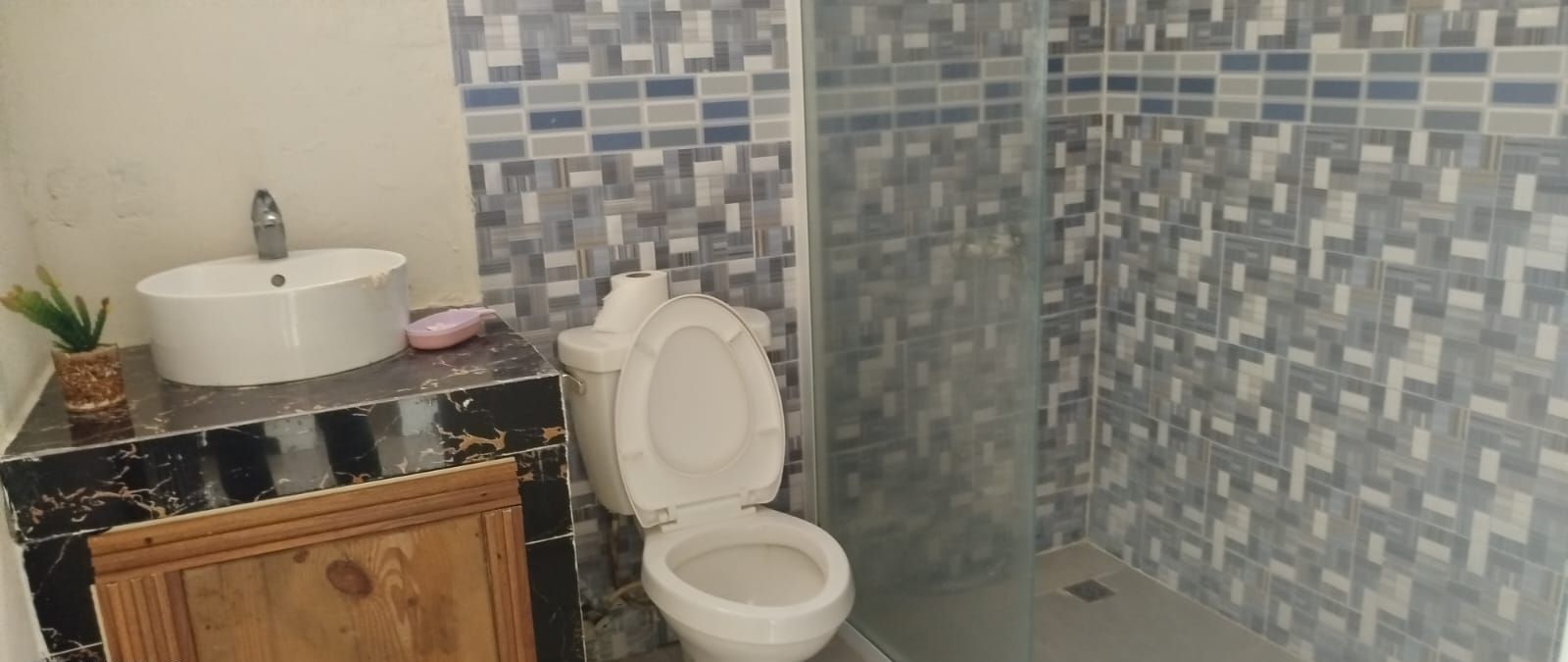 A bathroom with a white sink, toilet, and shower area.