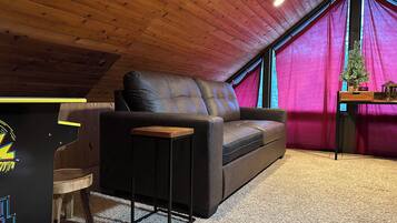 Smart TV, fireplace, video games, DVD player