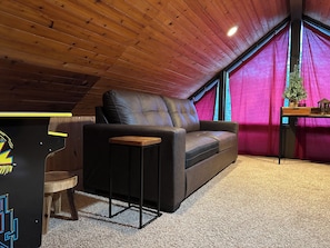 Smart TV, fireplace, video games, DVD player