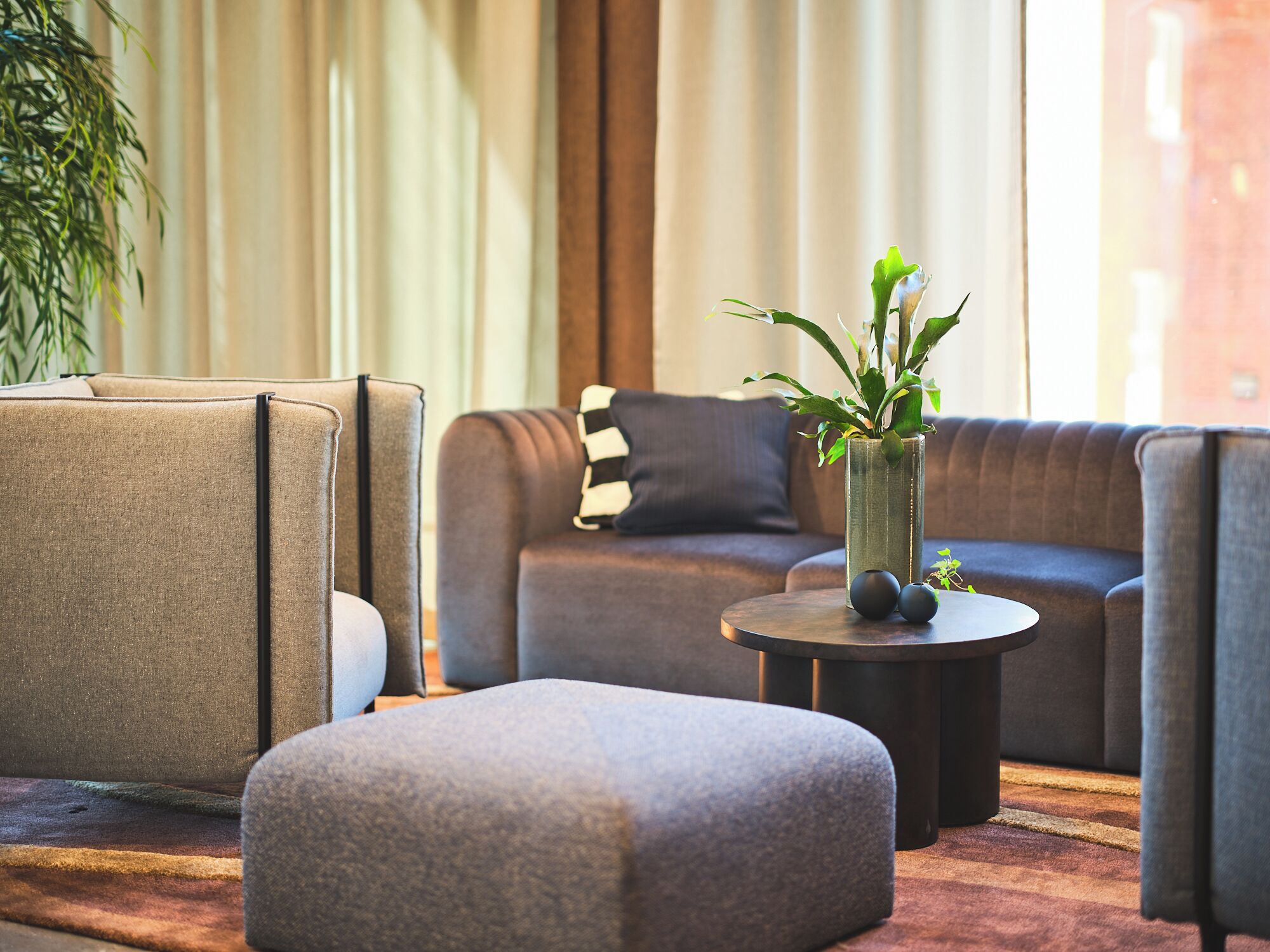 Un salon moderne avec un canapé, un pouf et une petite table sur laquelle est posée une plante.