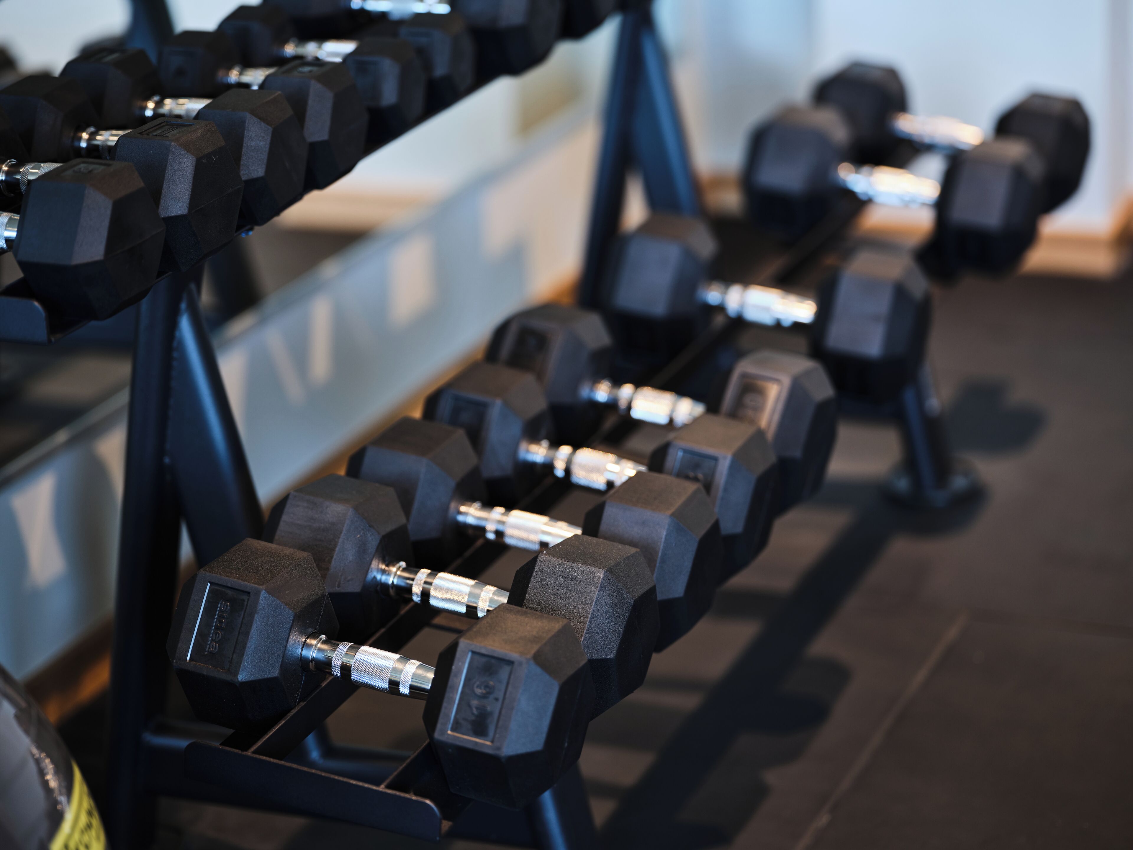 A rack of black dumbbells in a gym.