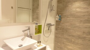 Shower, hair dryer, towels
