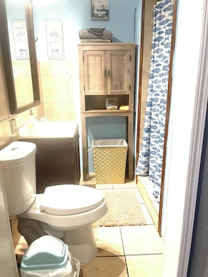 Un baño con inodoro, lavamanos y un armario.