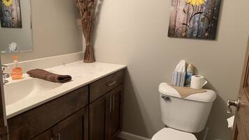 Combined shower/tub, towels