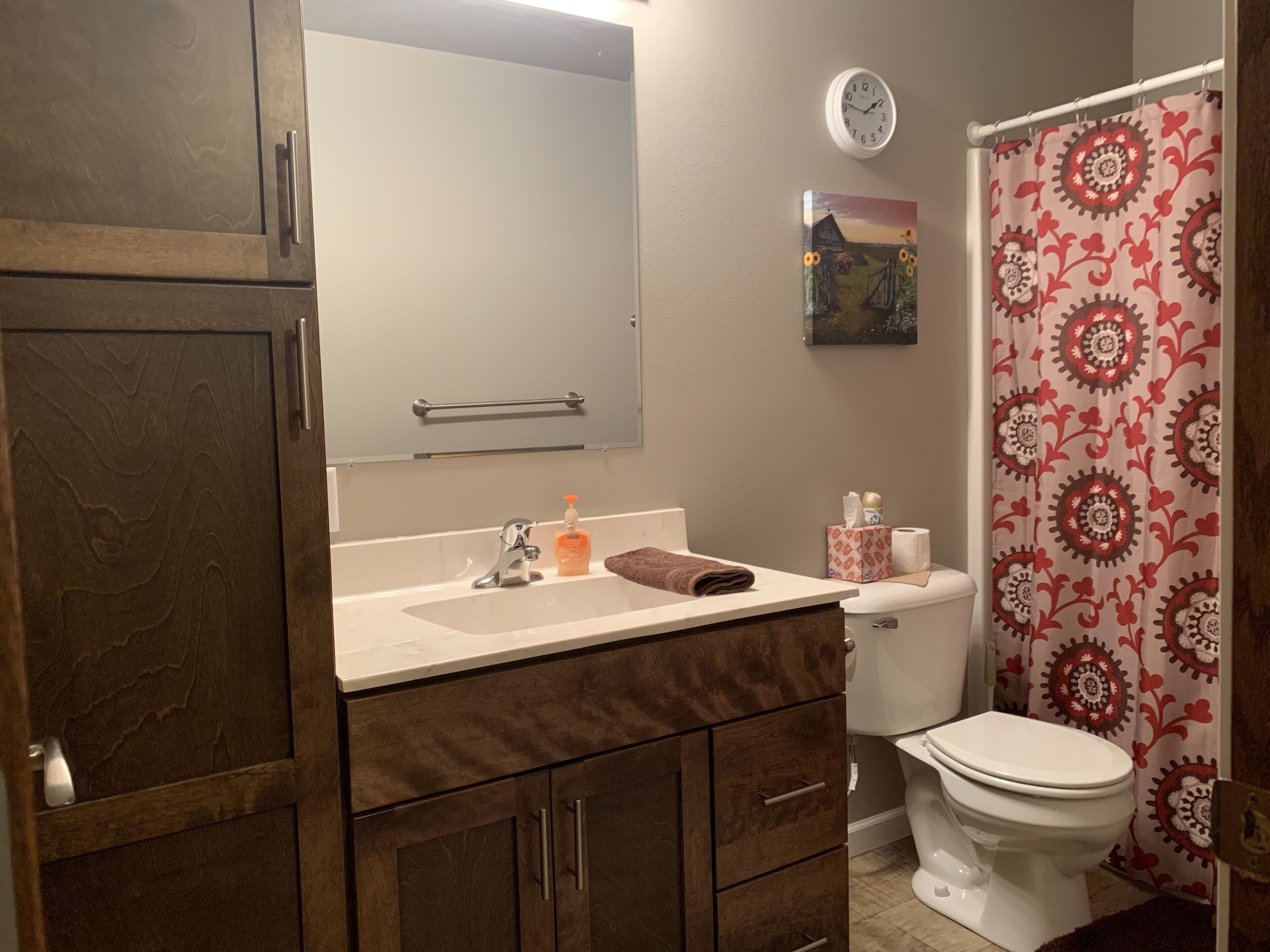 A bathroom with a wooden vanity, a sink, a mirror, a toilet, and a shower curtain with a floral pattern.