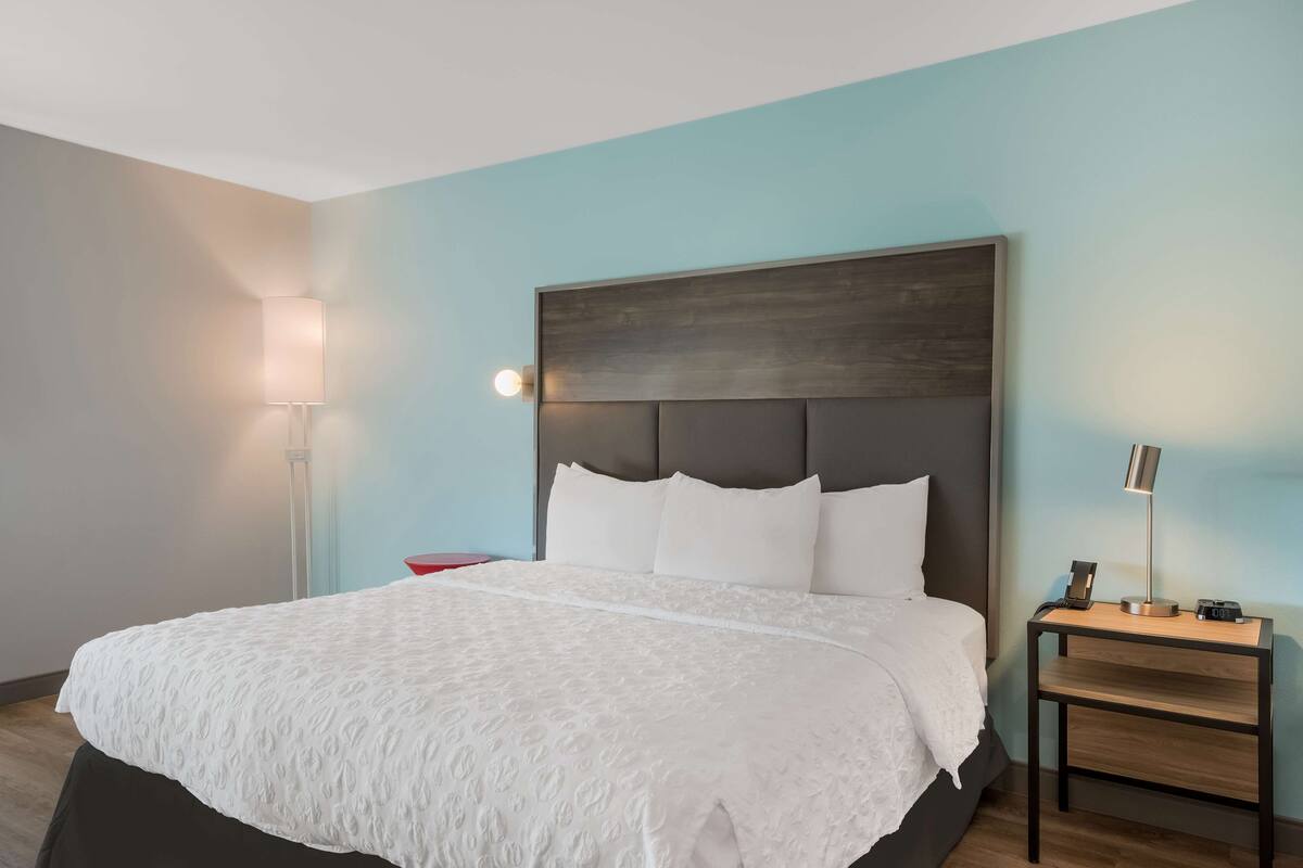 Une chambre d’hôtel moderne avec un grand lit, une table de chevet avec une lampe et une petite table de nuit.