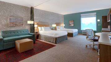 Desk, laptop workspace, blackout curtains, iron/ironing board