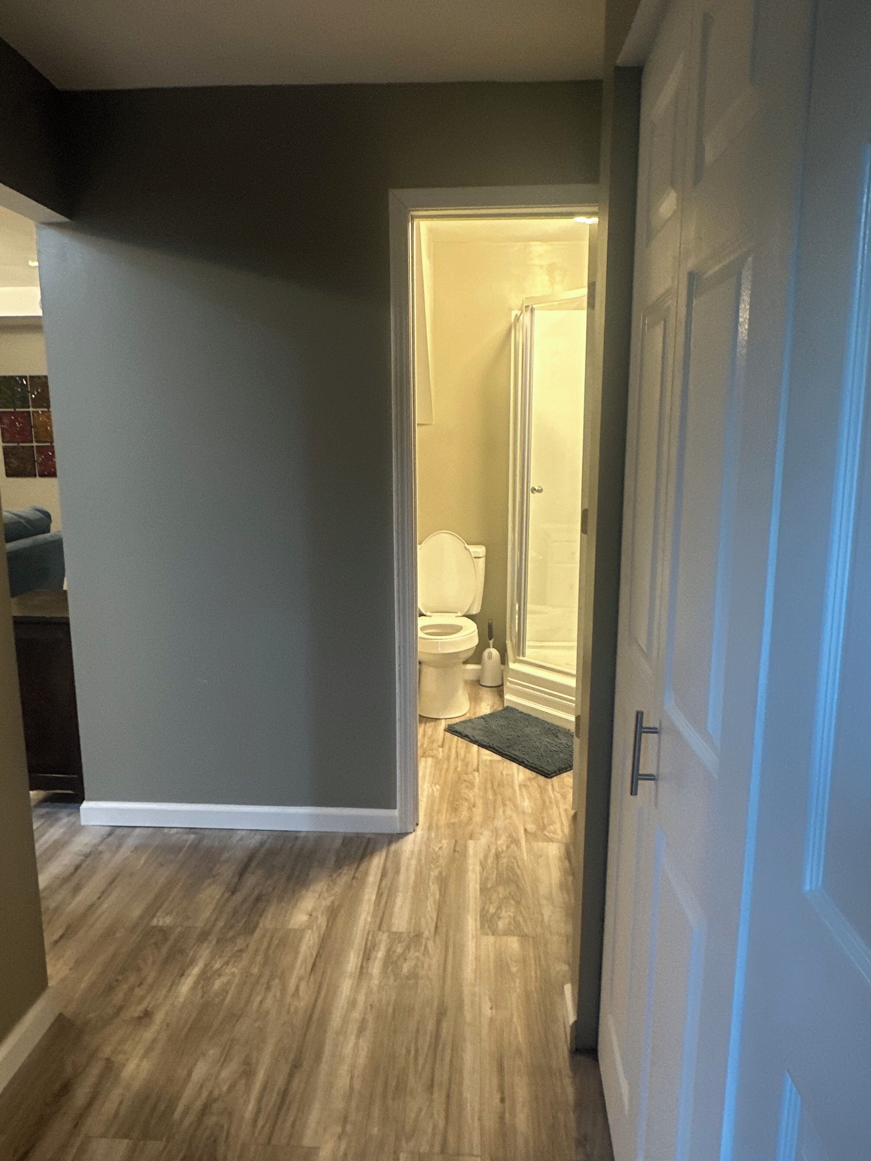 Un couloir au plancher de bois menant à une salle de bain équipée de toilettes et d’une douche.