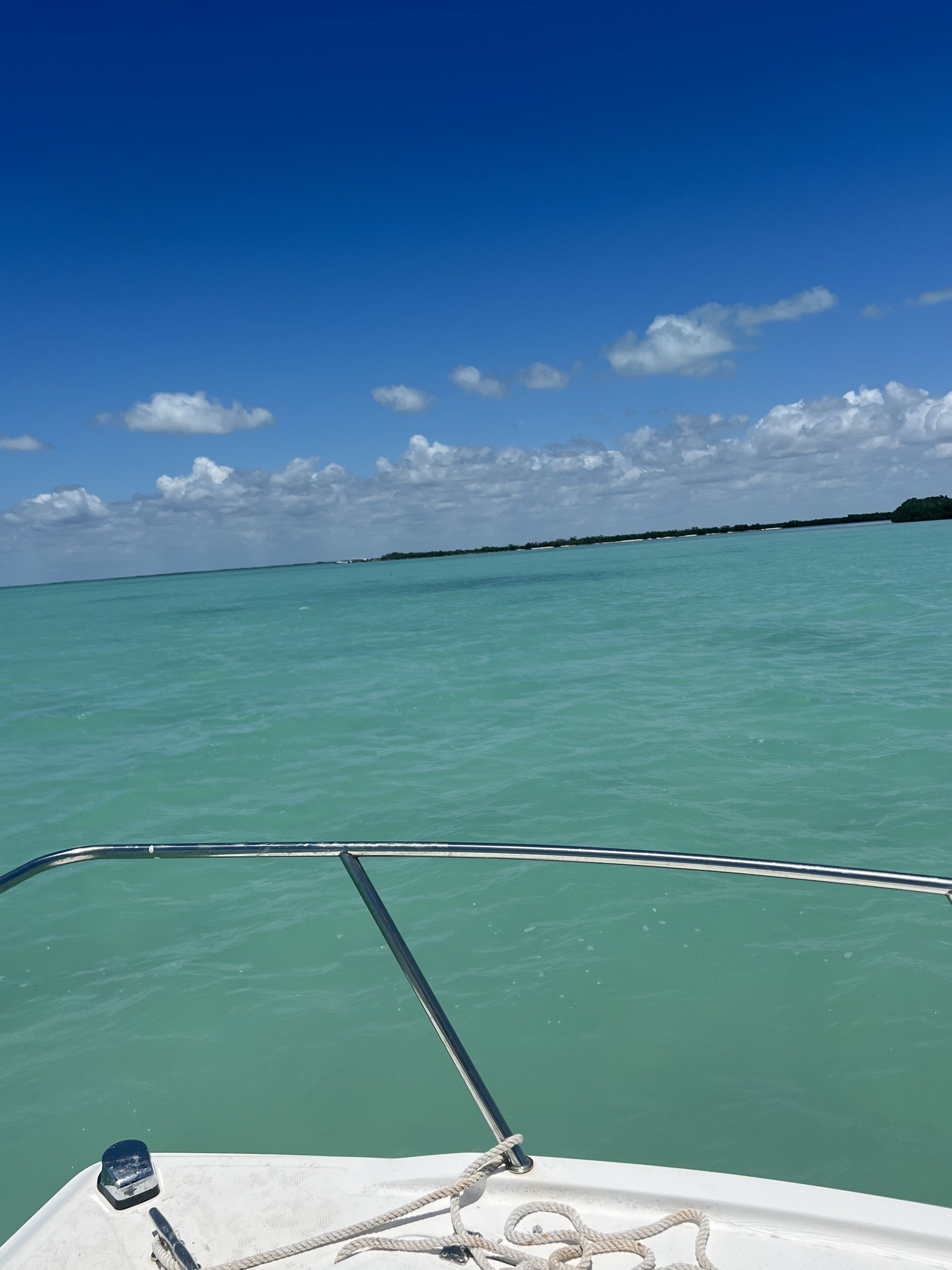 A boat's bow with a clear view of turquoise water and a distant shoreline.