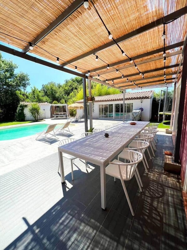 A covered outdoor dining area with a pool, white chairs, and a table.