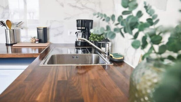 A kitchen with a stainless steel sink, a coffee maker, and a potted plant. - Le Canyon Rouen Centre by MyFrenchPAT Votre Escapade Terrasse! Parking possible
 (Rouen)