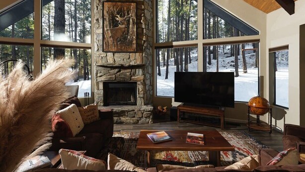 Una sala de estar acogedora con chimenea de piedra, ventanas amplias, un televisor y un globo terráqueo.
