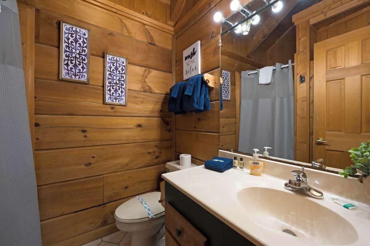 Ein Badezimmer mit Holzwänden, einem Waschbecken, einer Toilette und einem Handtuchhalter.