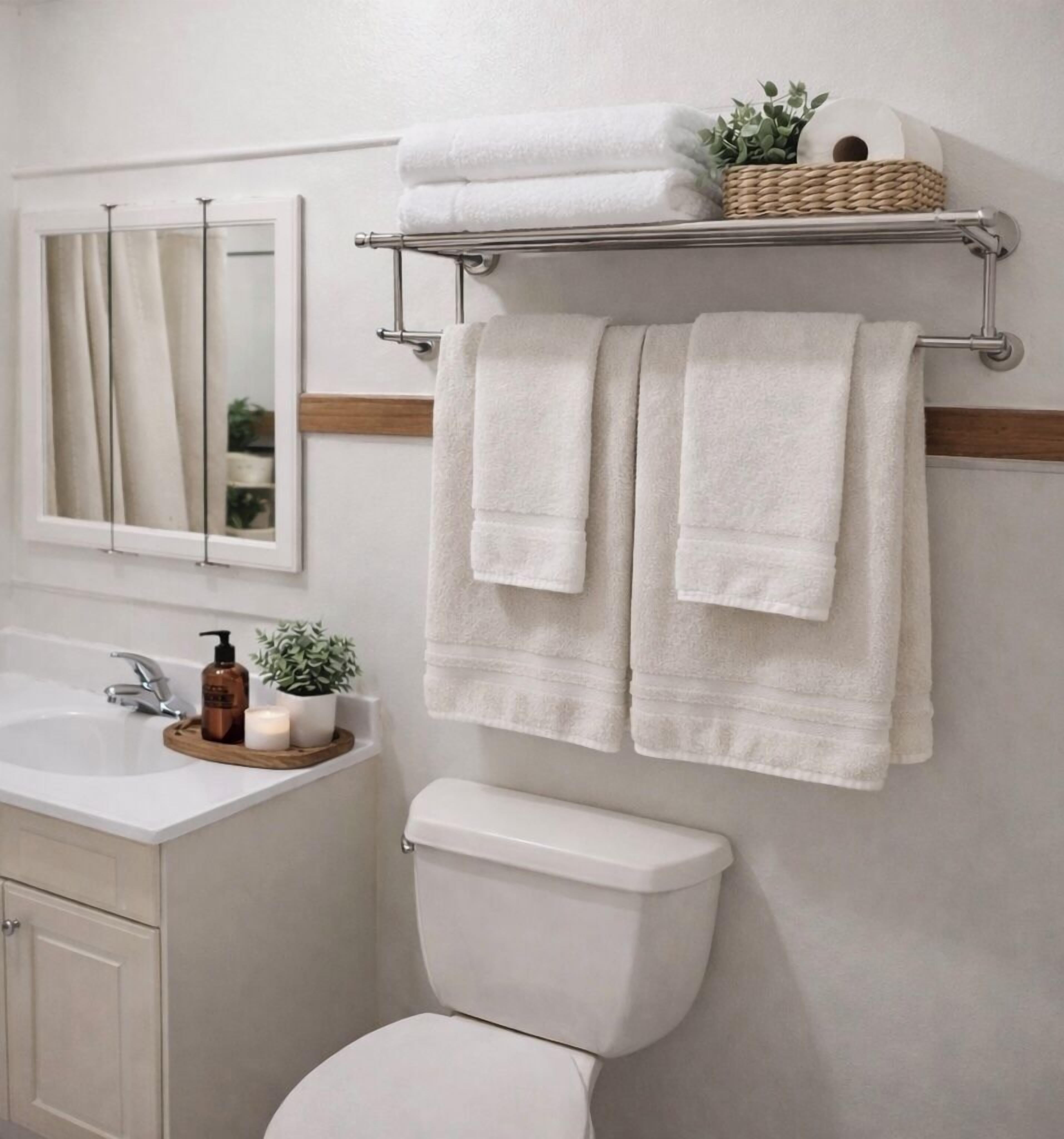 A bathroom with a toilet, a sink, a mirror, and a towel rack with two towels.