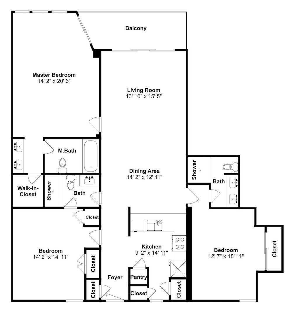 Plano de una casa que incluye una habitación principal, sala de estar, comedor, cocina, dos dormitorios y un balcón.