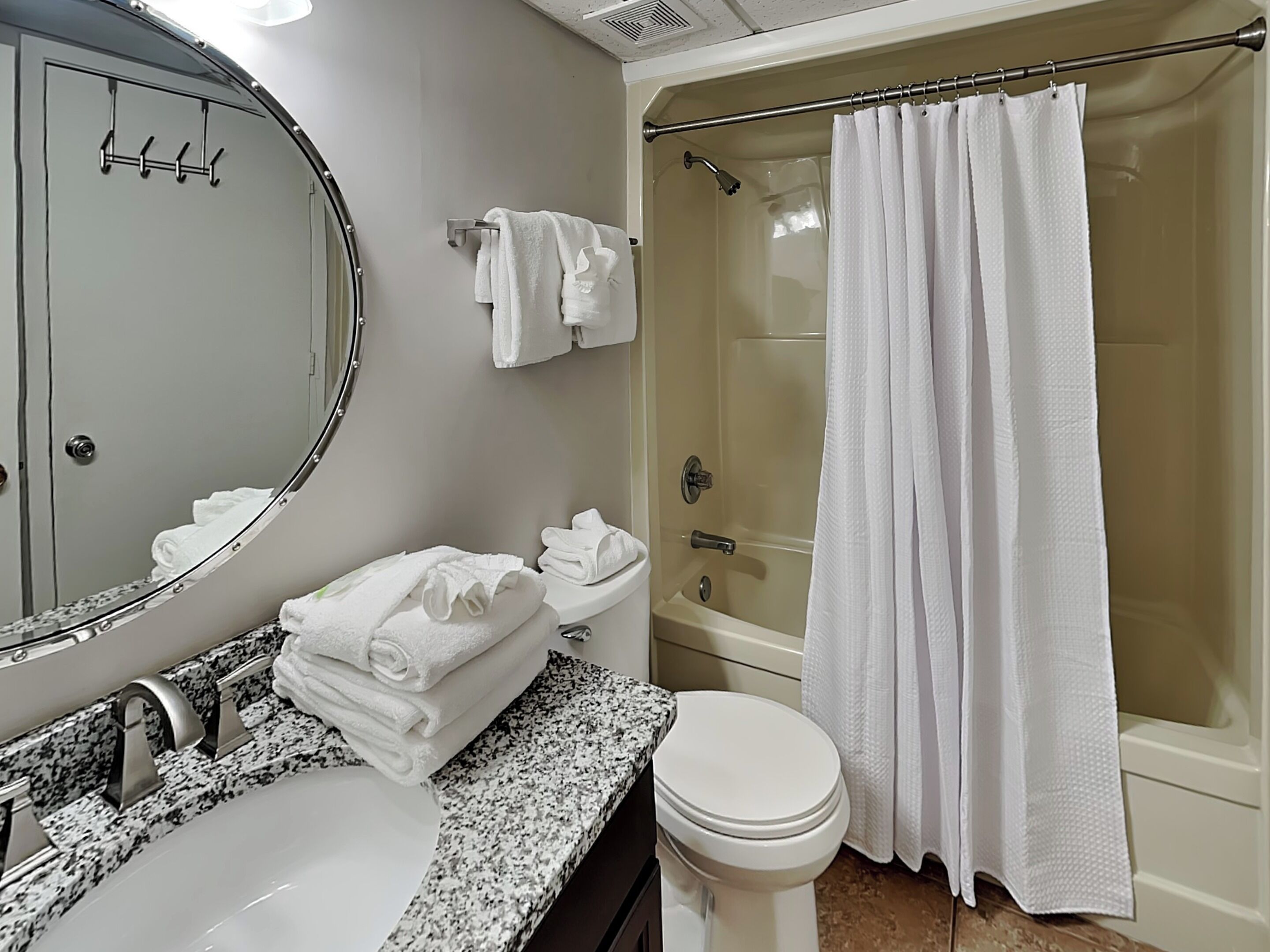 Une salle de bain avec un lavabo, des toilettes et une douche.
