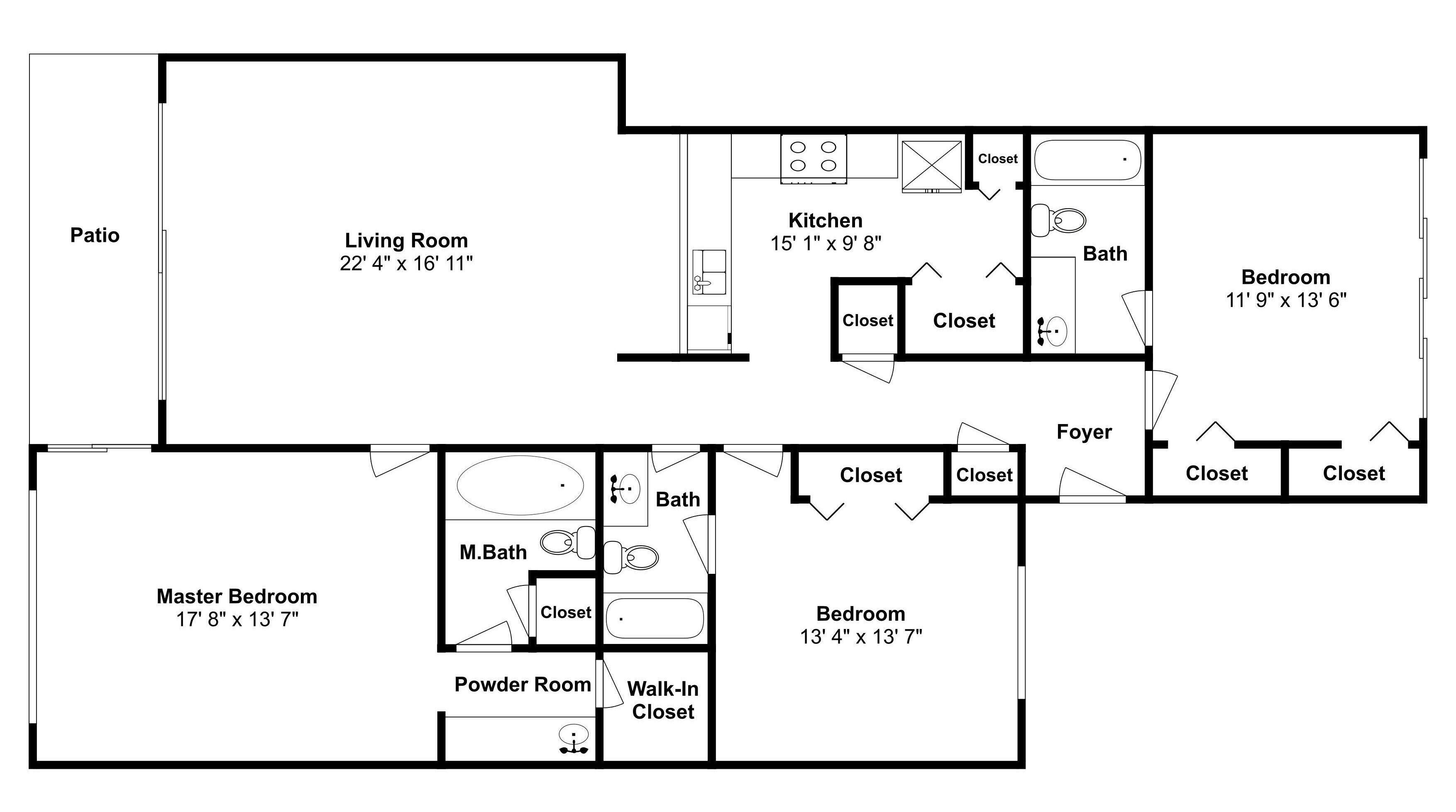 Un plan d’étage d’une maison comprenant une terrasse, un salon, une cuisine, une chambre principale, des toilettes, un dressing, deux salles de bain et un hall d’entrée.