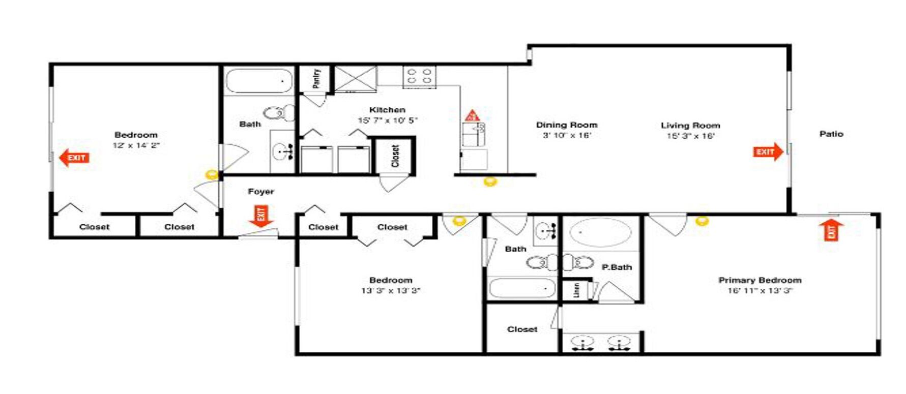 Ein Grundriss eines Hotels mit zwei Schlafzimmern, einem Esszimmer, einem Wohnzimmer, einer Küche, einem Badezimmer und einer Eingangshalle.
