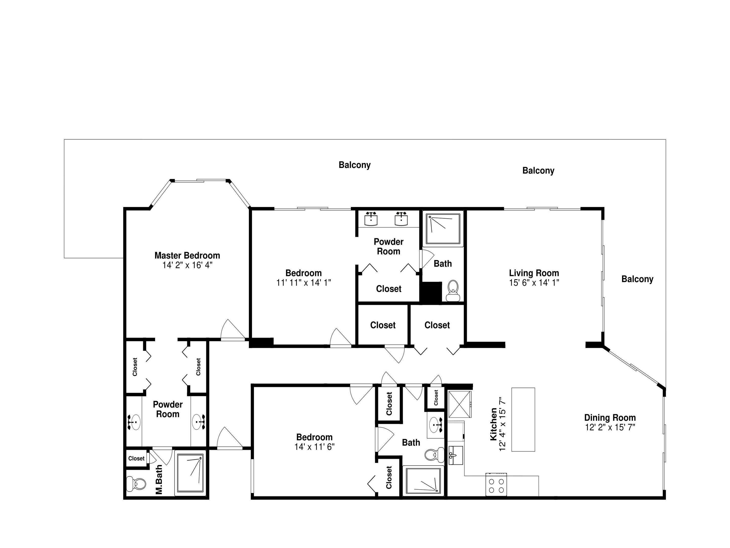 Plano de un hotel que muestra una habitación principal, dos habitaciones estándar, un aseo, un baño, una cocina, un comedor y dos balcones.