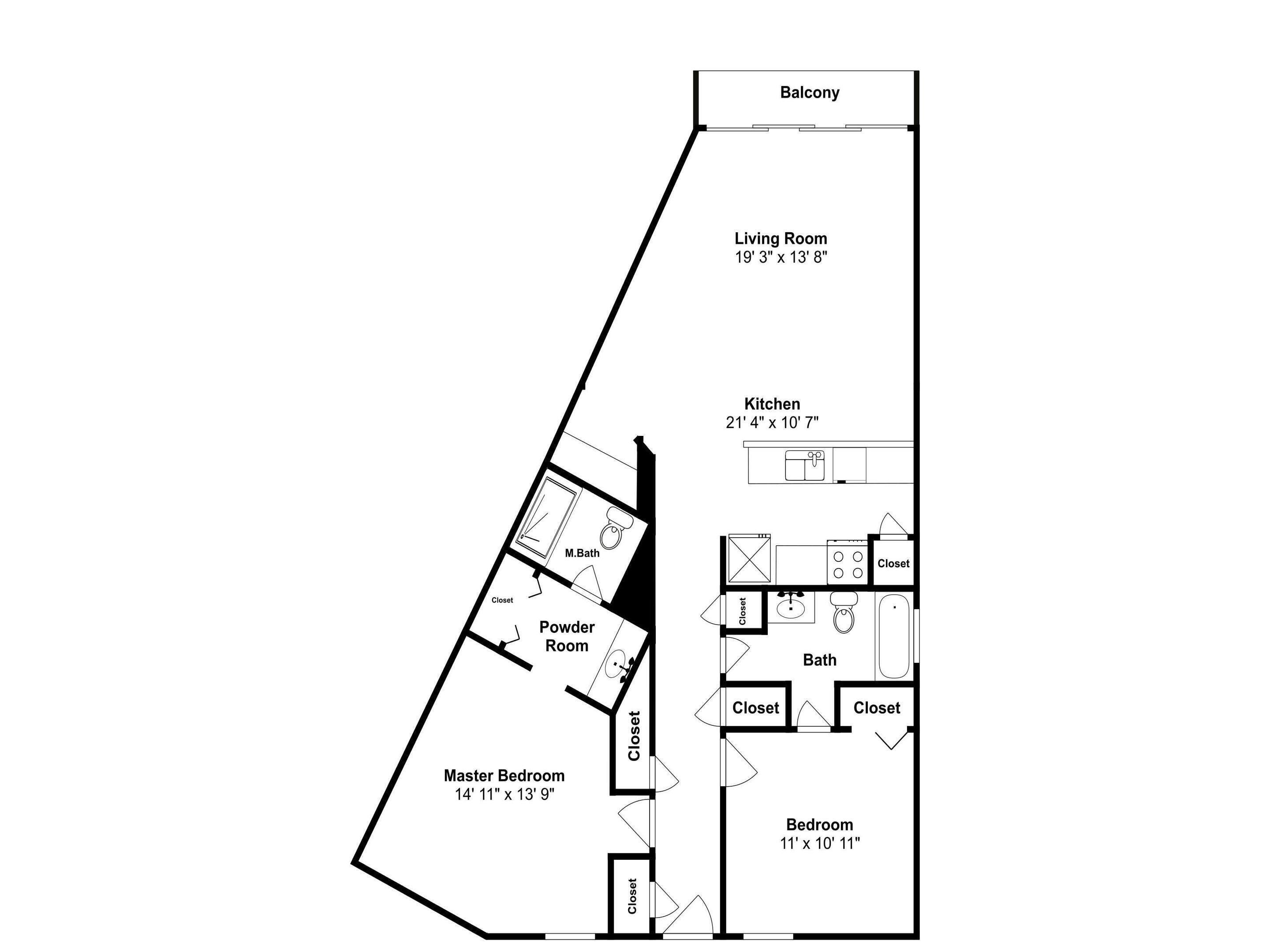 Ein Grundriss eines Hauses mit Balkon, Wohnzimmer, Küche, Hauptschlafzimmer, Gäste-WC und zwei Schlafzimmern.