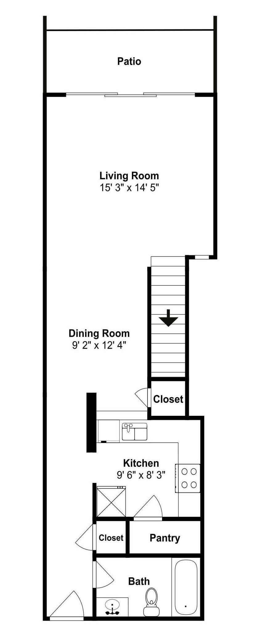 A floor plan with a patio, living room, dining room, kitchen, and bathroom.