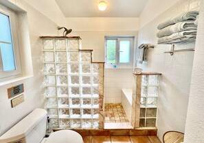 Dusche, Haartrockner, Handtücher, Seife