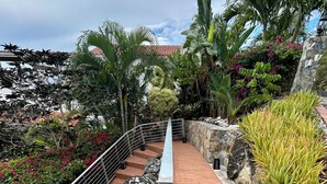 A pathway with a metal railing, surrounded by various plants and rocks. - Ylang Ylang Luxury 2 Suite Villa - Cruz Bay, St. John (Cruz Bay)