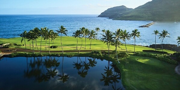 Un campo de golf con un estanque que refleja palmeras y vistas al océano y montañas.