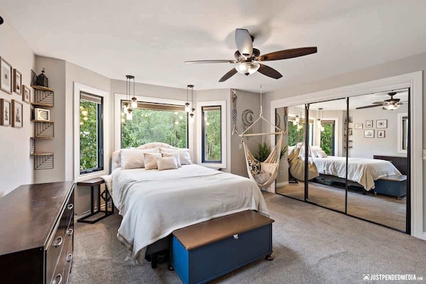 3 large closet mirrors for getting ready! And swing chair to relax with a book or tablet.