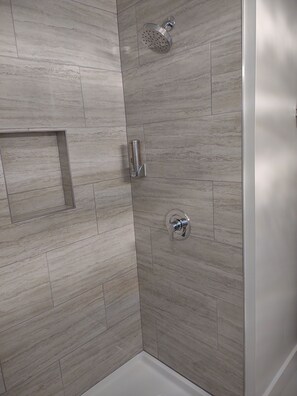 Shower, towels, soap, shampoo