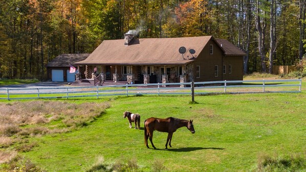 A stable with two horses, a stone building with a chimney, and a white fence.