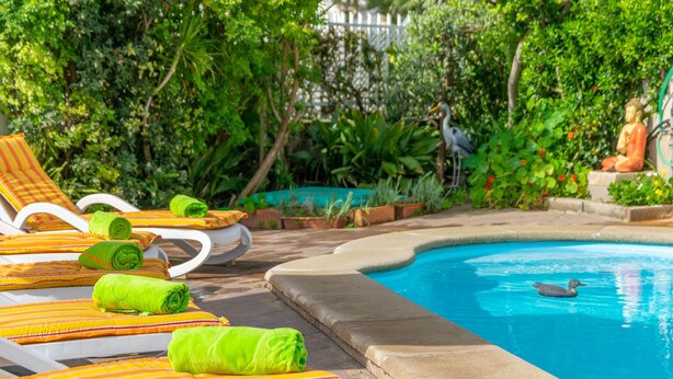 Área de piscina com espreguiçadeiras e toalhas, cercada por vegetação exuberante e uma estátua.
