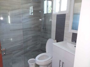 Combined shower/tub, toilet paper