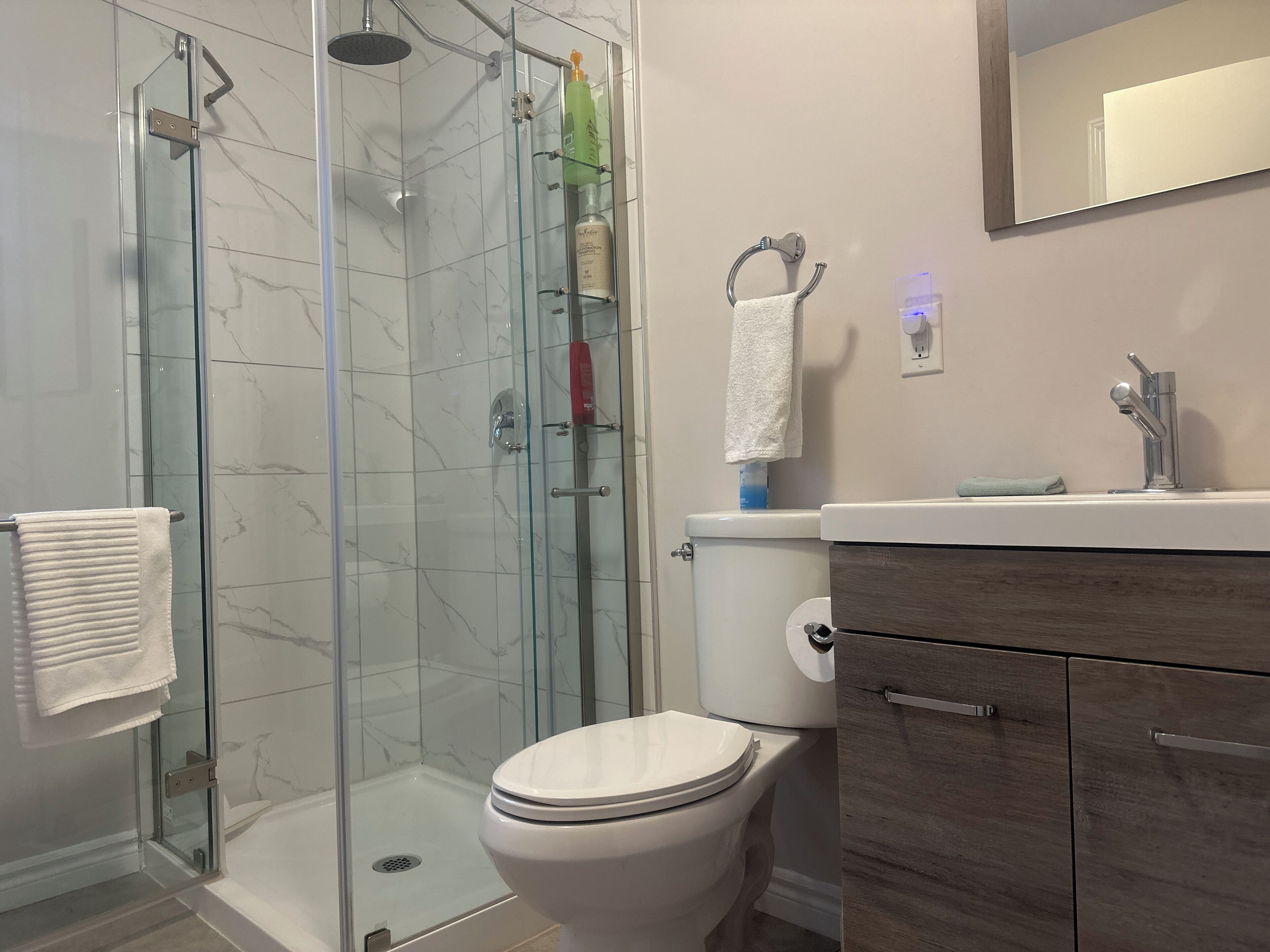 Een moderne badkamer met een douchecabine van glas, een wit toilet en een houten wastafelmeubel met een spiegel.