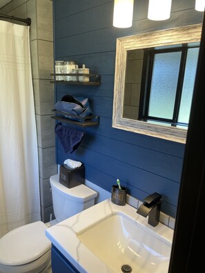 Suihkun ja ammeen yhdistelmä, hiustenkuivaaja, pyyhkeet, saippua