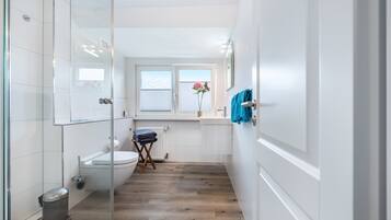 Shower, hair dryer, towels