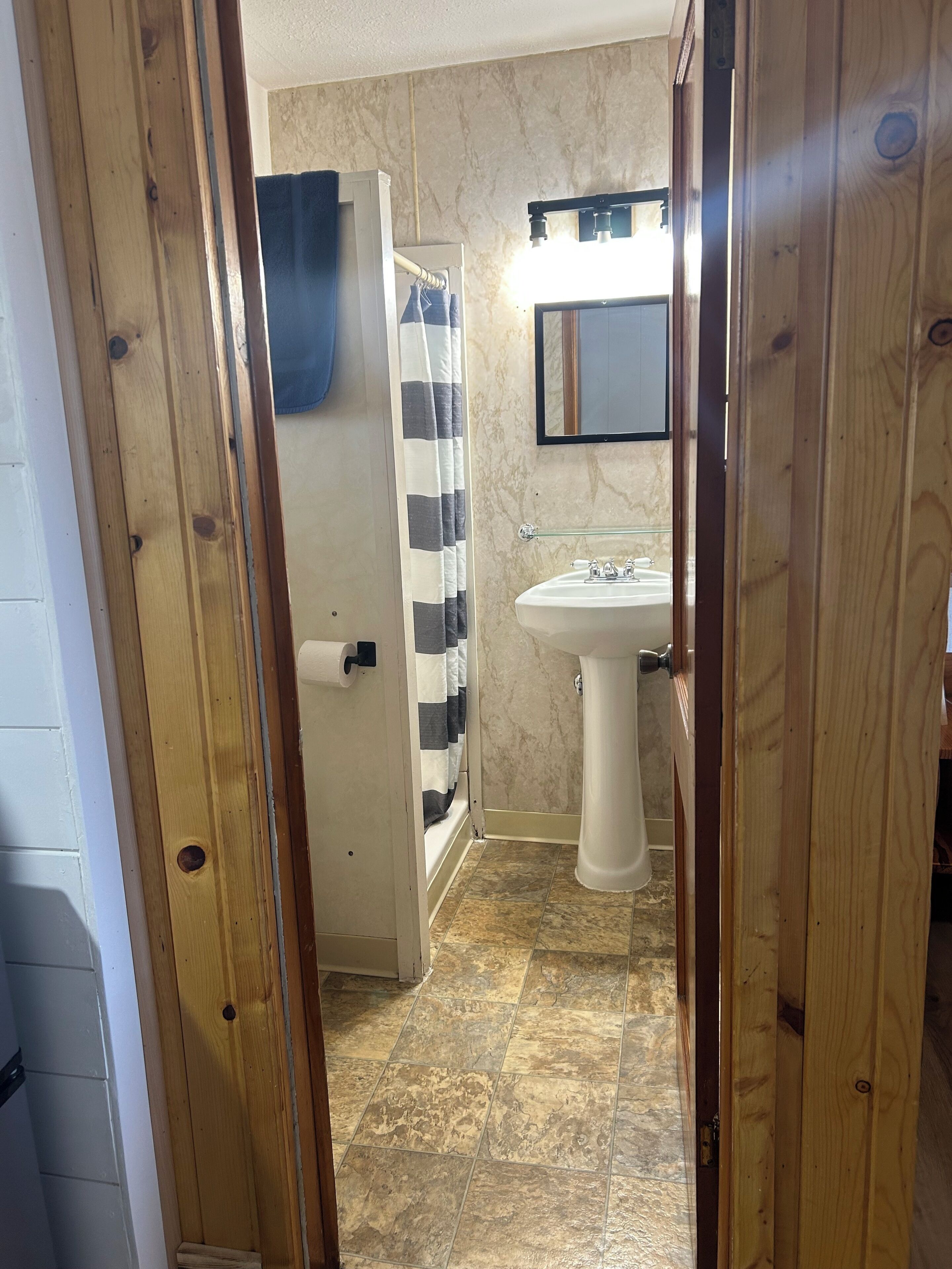 A bathroom with a shower, a sink, and a mirror.