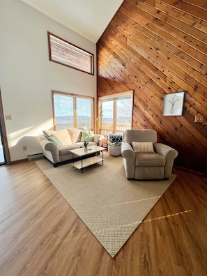 Smart TV, fireplace, DVD player, books