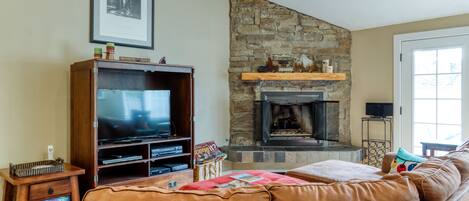 TV, fireplace, DVD player, books