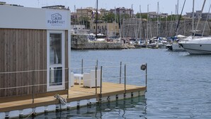 Een houten steiger met een bord waarop 'FLOATART experience' staat, en een uitzicht op een jachthaven met boten.