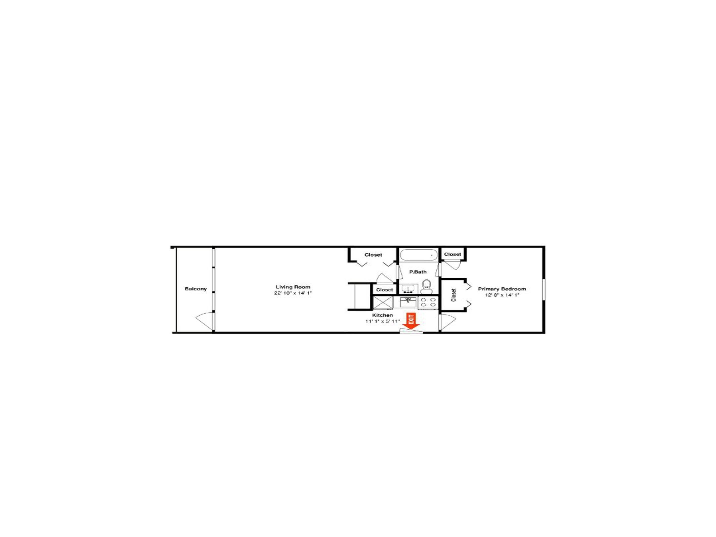 A floor plan of a hotel room with a balcony, living room, kitchen, primary bedroom, and two closets.