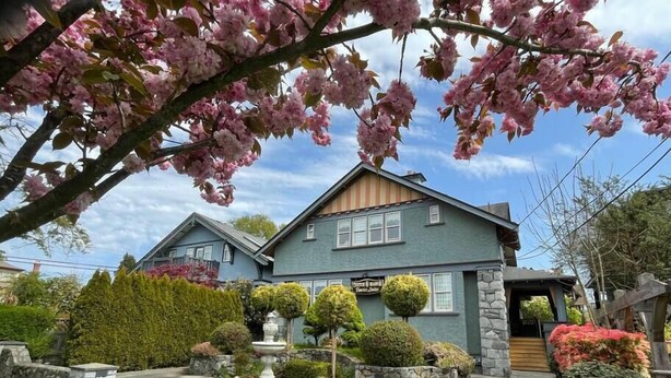 Ein zweistöckiges Haus mit einer Steinauffahrt, ein gepflegter Garten mit verschiedenen Sträuchern und einem Brunnen, und ein strahlend blauer Himmel.