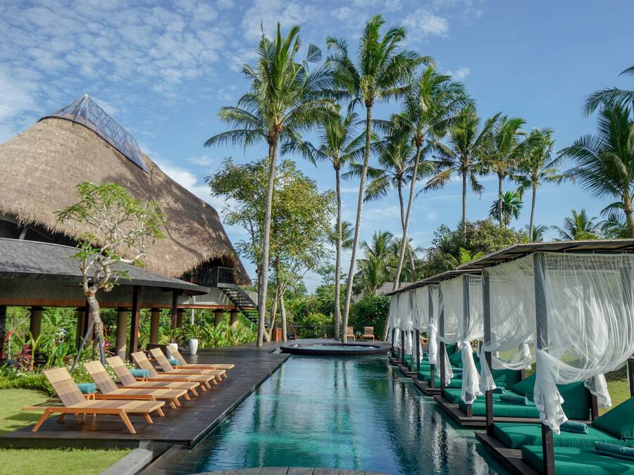 Outdoor pool, pool loungers