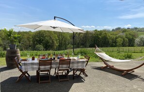 An outdoor dining area with a table set for six, surrounded by wooden chairs, under a large umbrella. A hammock is also visible.