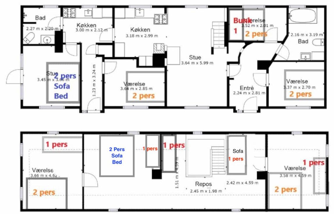 Un plan d’étage d’hôtel comprenant plusieurs chambres, chacune étant indiquée avec sa capacité d’accueil.