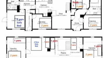 Un plan d’étage d’hôtel comprenant plusieurs chambres, chacune étant indiquée avec sa capacité d’accueil.