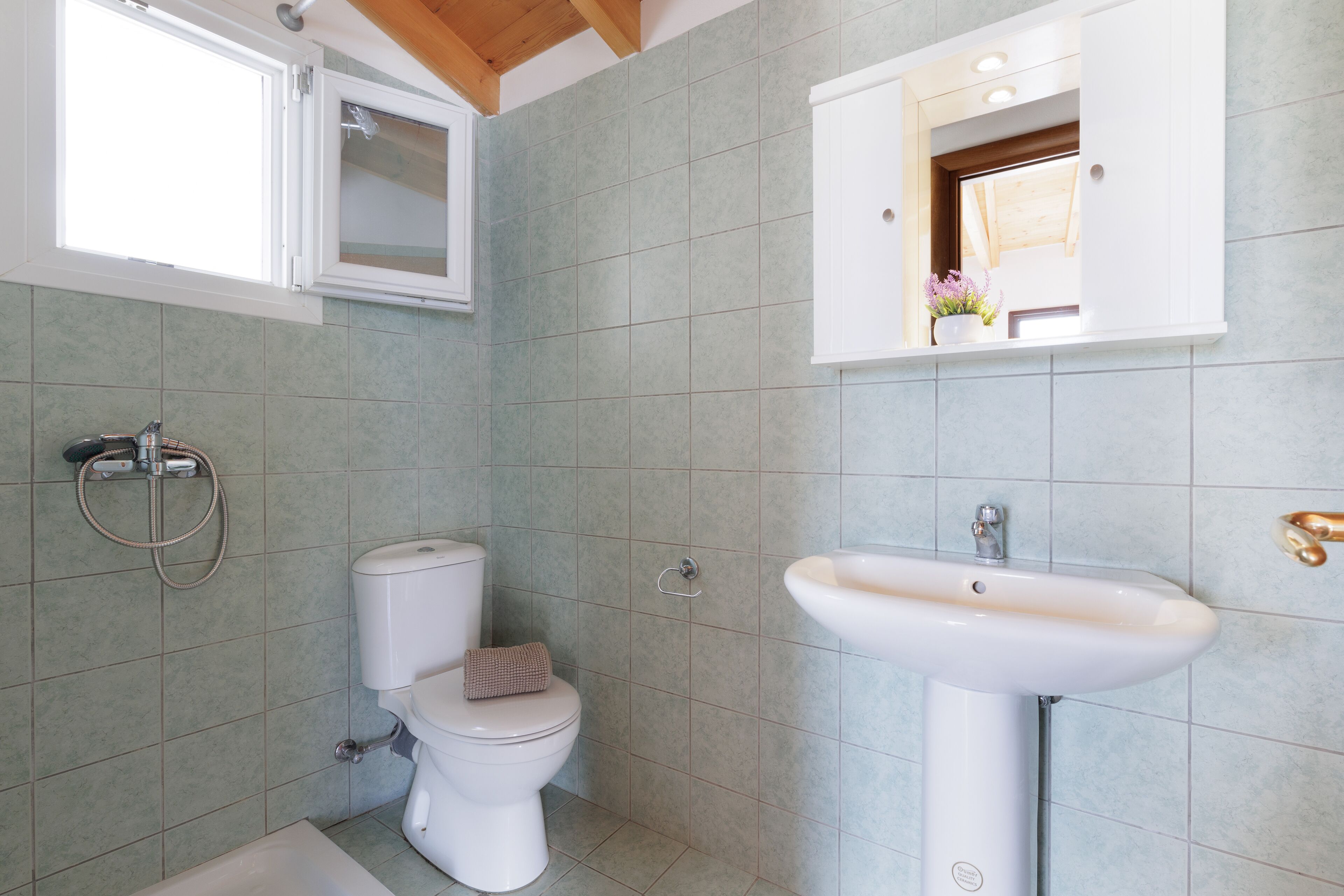 A bathroom with a toilet, shower, and sink.